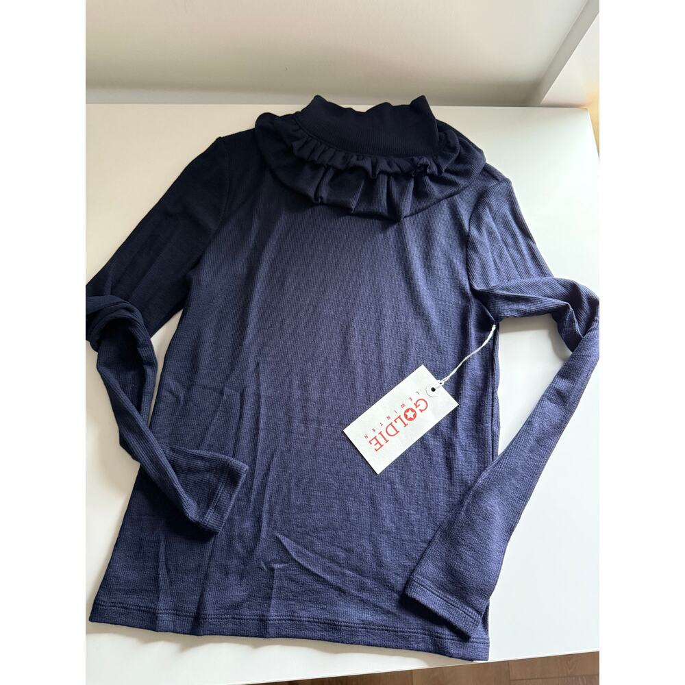 $135 New Goldie Tees Double Ruffle Modal Rib Turtleneck - Small - Navy - Picture 2 of 6